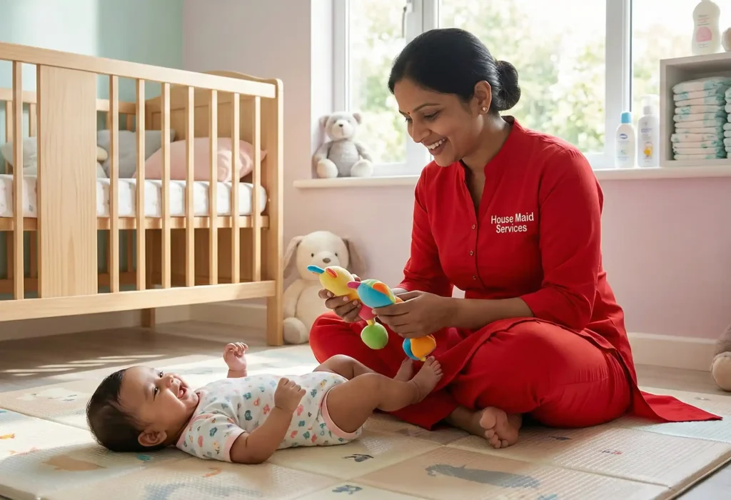 Indian baby care maid providing trusted newborn care in a peaceful home nursery.
