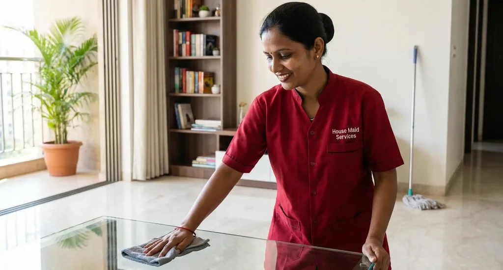 Indian cleaning maid performing professional cleaning tasks in a modern home.